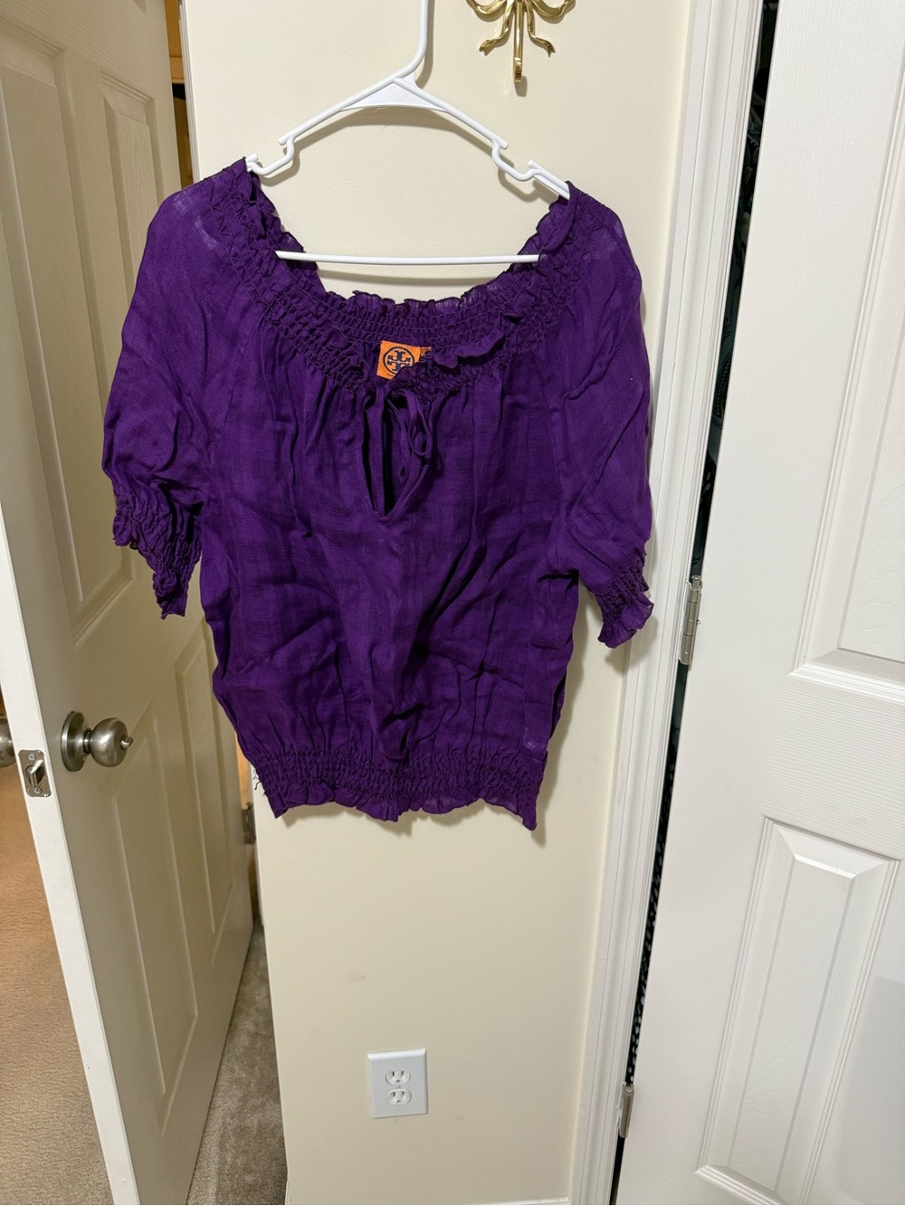 Tory Burch Deep Purple Smocked Peasant Blouse